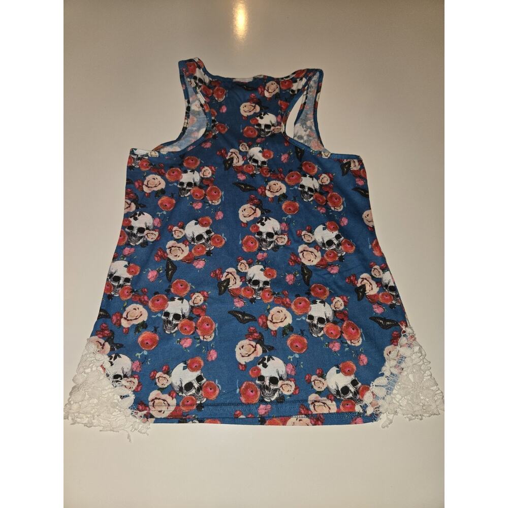 FANCYQUBE Women’s M/L Blue Floral Skull Racerback Tank Top Lace Hem - Picture 5 of 9